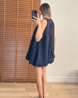 Halter Yaka Mini Balon Elbise Lacivert