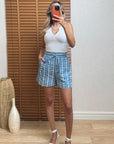 Denim Nakışlı Şort- Mavi