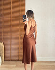 Lucca Saten Midi Elbise-Kahve