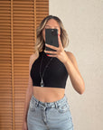Dikiş Efektli Crop Top-Siyah