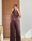 Saten Drapeli Pantolon Takım-Kahve