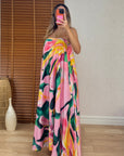 Pembe Straplez Desenli Saten Elbise