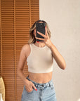 Dikiş Efektli Crop Top-Bej Melanj