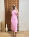 Pembe Yarasa Kol Midi Elbise