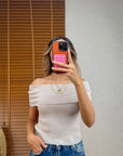 Bardot Yaka Fitilli İnce Triko-Bej
