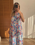 Halter Yaka Çiçek Desenli Uzun Elbise Mavi