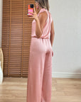 Saten Drapeli Pantolon Takım-Pudra Pembe