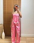 Pembe Desenli Saten Pantolon Takım