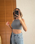 Dikiş Efektli Crop Top-Antrasit Melanj