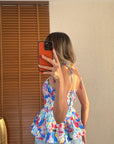 Desenli Peplum Bluz Mavi