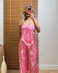Pembe Desenli Saten Pantolon Takım