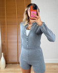Gri Bodysuit Hırka Şort Triko Takım