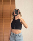 Dikiş Efektli Crop Top-Siyah