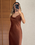 Lucca Saten Midi Elbise-Kahve
