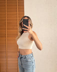 Dikiş Efektli Crop Top-Bej Melanj