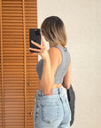 Dikiş Efektli Crop Top-Antrasit Melanj