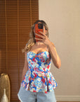 Desenli Peplum Bluz Mavi