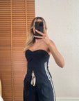 Yazı Şerit Detaylı Straplez Bluz Pantolon Takım Lacivert