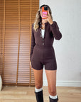 Kahverengi Bodysuit Hırka Şort Triko Takım