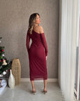 Asimetrik Yaka Tül Midi Elbise Bordo