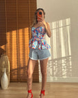 Desenli Peplum Bluz Mavi