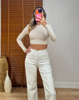 Dilvin Uzun Kollu Crop Top-Açık Bej