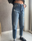 Yırtık Detaylı Denim Pantolon Mavi