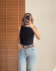Büzgülü Kayık Yaka Top-Siyah