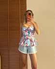 Desenli Peplum Bluz Mavi