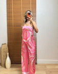 Pembe Desenli Saten Pantolon Takım