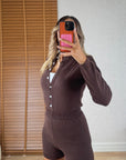 Kahverengi Bodysuit Hırka Şort Triko Takım