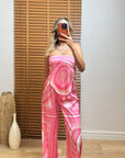 Pembe Desenli Saten Pantolon Takım