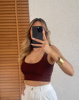Kalın Askılı Crop Büstiyer-Kahve