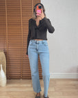 Yıkama Detaylı Mavi Straight Jean