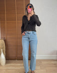 Yıkama Detaylı Mavi Straight Jean