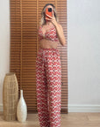 Gold Aksesuarlı Desenli Crop Pantolon Takım