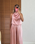 Saten Drapeli Pantolon Takım-Pudra Pembe