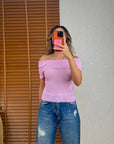 Bardot Yaka Fitilli İnce Triko-Pembe