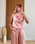 Saten Drapeli Pantolon Takım-Pudra Pembe