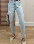 Yırtık Detaylı Denim Pantolon Buz Mavi
