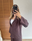 Hennah Katlamalı Gömlek Pantolon Takım-Kahve