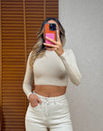 Dilvin Uzun Kollu Crop Top-Açık Bej