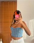 Straplez Crop Bluz Mavi