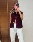 Gold Düğme Çift Cepli Yelek-Bordo