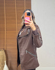 Town Deri Ceket- Kahverengi VE Kahverengi Bodysuit Hırka Şort Triko Takım