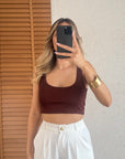 Kalın Askılı Crop Büstiyer-Kahve