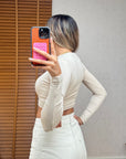 Dilvin Uzun Kollu Crop Top-Açık Bej