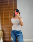 Bardot Yaka Fitilli İnce Triko-Bej