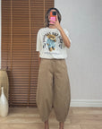 Dikiş Detaylı Gabardin Kumaş Pantolon -Camel