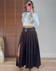 Kahve Çift Kemerli Pileli Etek VE Dilvin Uzun Kollu Crop Top-Ekru